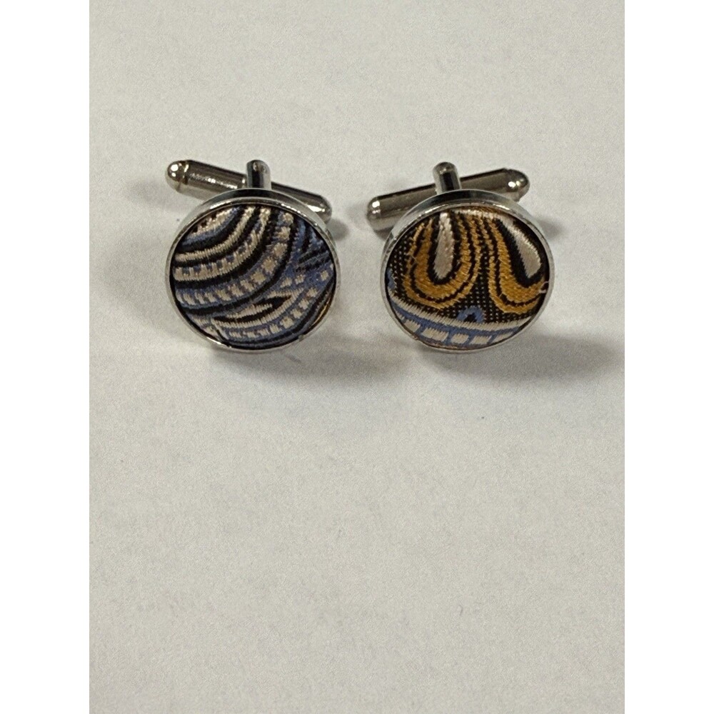 Blue/Yellow  Embroidered Patterns Fabric Cloth Vintage Cuff Links